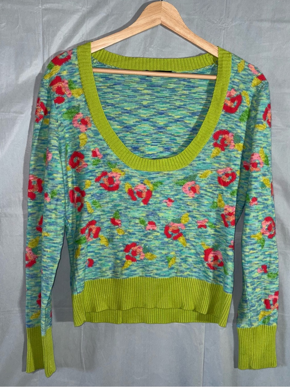 Michael Simon Sweater Women Lg Green Blue Lightweight Long Sleeve Floral Artsy